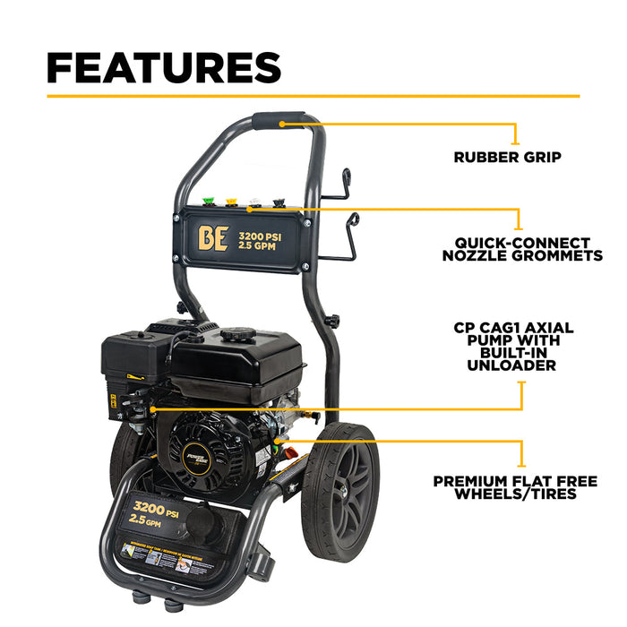 Be Power Equipment 3,200 PSI 2.5 GPM Cold Water Gas Pressure Washer with Powerease 212cc Engine and CP Axial Pump BE327PX