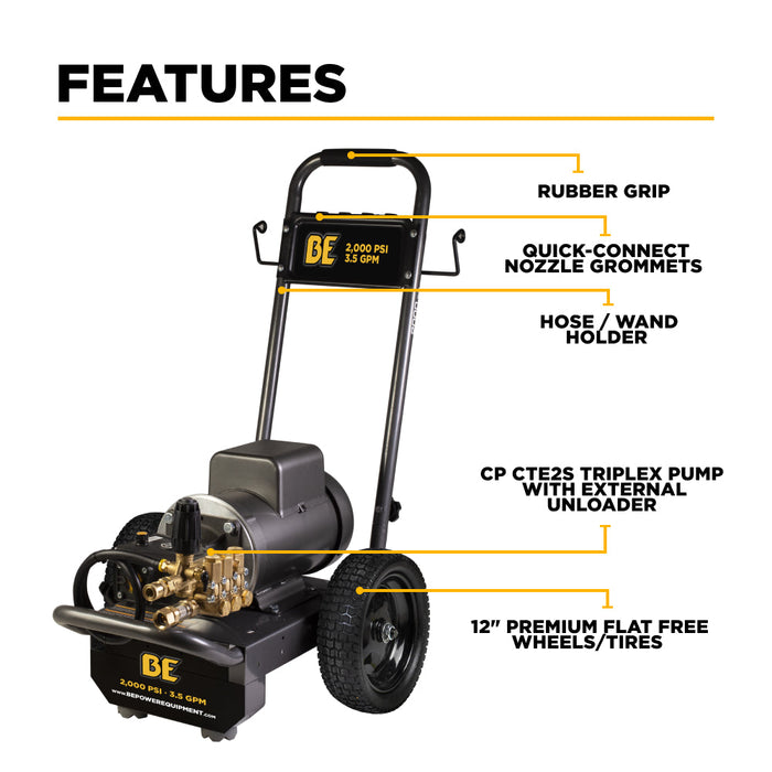 Be Power Equipment 2,000 PSI 4.0 GPM Cold Water Electric Pressure Washer with Baldor Motor and CP Triplex Pump - B205EA