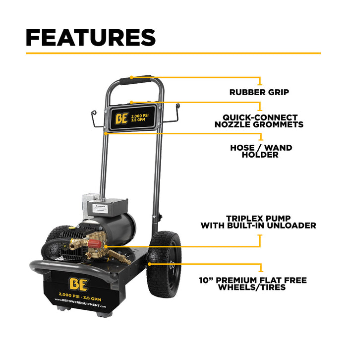 Be Power Equipment 2,000 PSI 3.5 GPM 5.0 HP Electric Pressure Washer with Baldor Motor and General Triplex Pump - B205EG