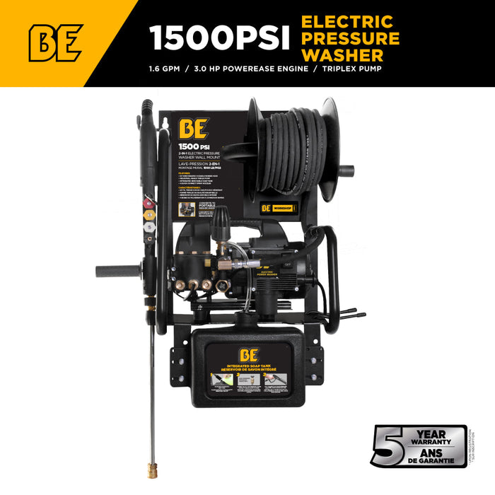 Be Power Equipment 1,500 PSI 1.6 GPM 1.5 HP Electric Pressure Washer with Powerease Motor and Triplex Pump - P1515EPNW