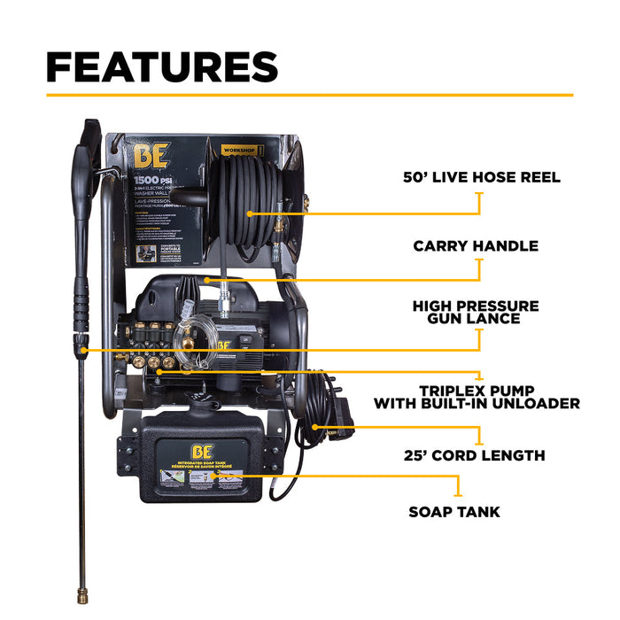 Be Power Equipment 1,500 PSI 1.6 GPM 1.5 HP Electric Pressure Washer with Powerease Motor and Triplex Pump - P1515EPNW