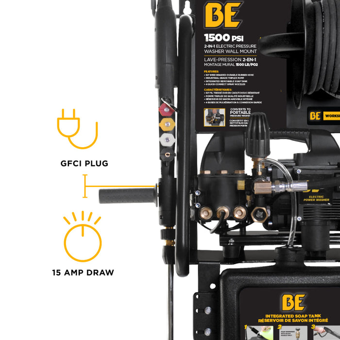 Be Power Equipment 1,500 PSI 1.6 GPM 1.5 HP Electric Pressure Washer with Powerease Motor and Triplex Pump - P1515EPNW