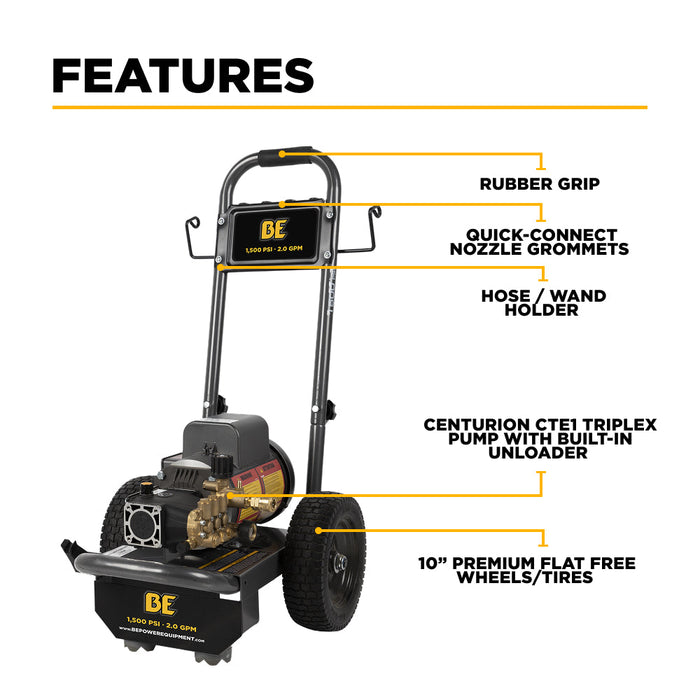 Be Power Equipment 1,500 PSI 2.0 GPM Cold Water Electric Pressure Washer with Baldor Motor and CP Triplex Pump - PE-1520EW1A