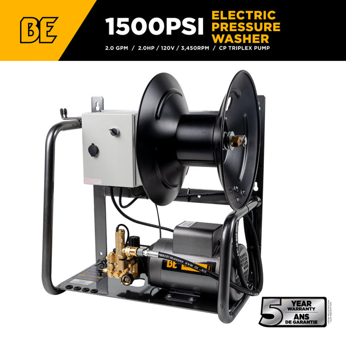Be Power Equipment 1,500 PSI 2.0 GPM Wall Mount Cold Water Electric Pressure Washer with Baldor Motor and CP Triplex Pump - X-1520FW1ARH