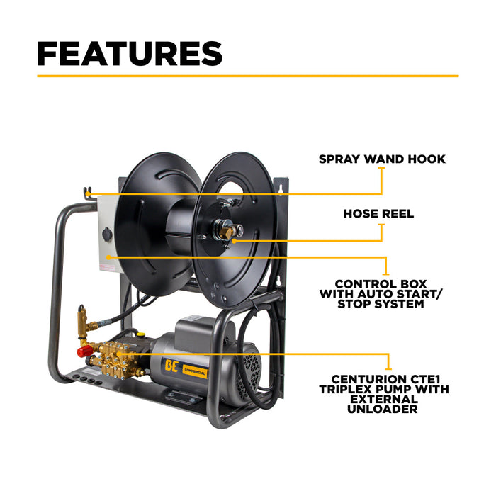 Be Power Equipment 1,500 PSI 2.0 GPM Wall Mount Cold Water Electric Pressure Washer with Baldor Motor and CP Triplex Pump - X-1520FW1ARH