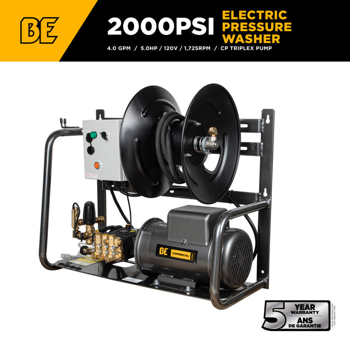 Be Power Equipment 2,000 PSI 4.0 GPM Wall Mount Cold Water Electric Pressure Washer with Baldor Motor and CP Triplex Pump - X-2050FW1A
