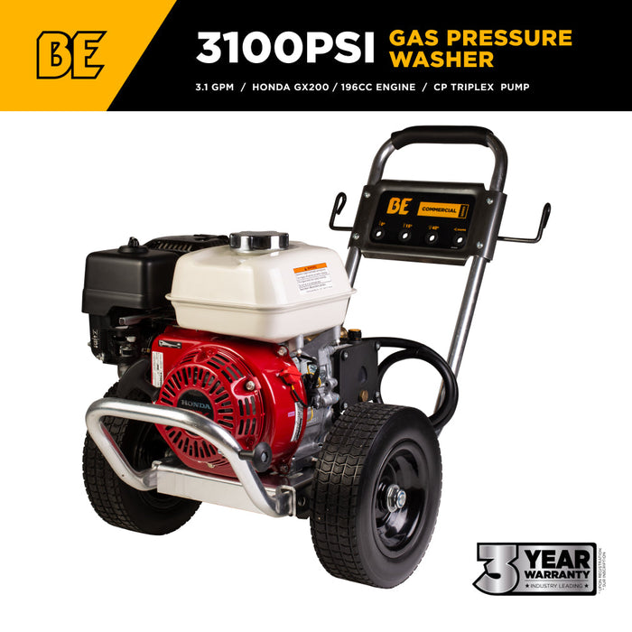 Be Power Equipment 3,100 PSI 3.1 GPM Cold Water Gas Pressure Washer with Honda GX200 Engine and CP Triplex Pump on Aluminum Frame - B3165HAAS
