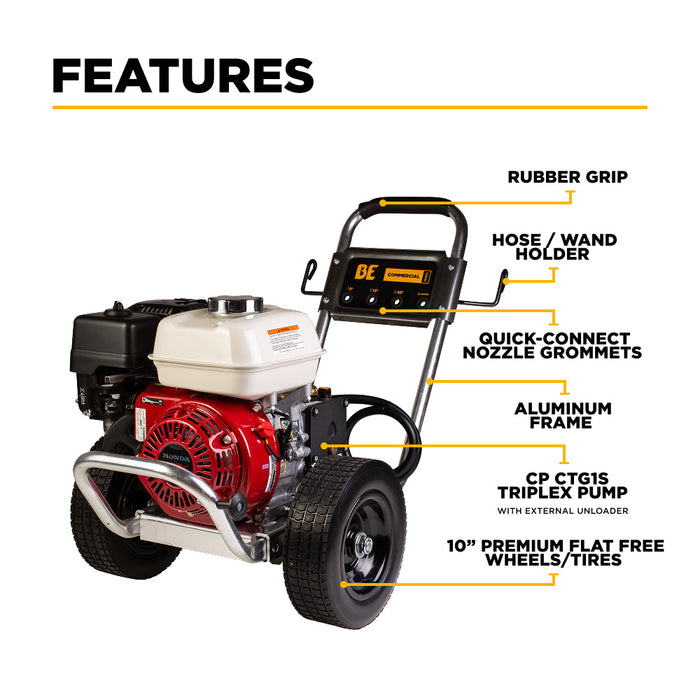 Be Power Equipment 3,100 PSI 3.1 GPM Cold Water Gas Pressure Washer with Honda GX200 Engine and CP Triplex Pump on Aluminum Frame - B3165HAAS