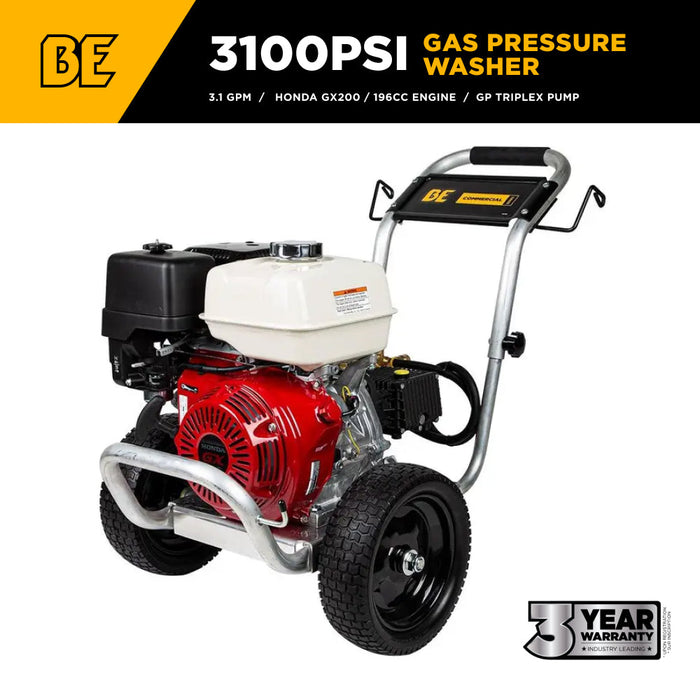 Be Power Equipment 3,100 PSI 3.1GPM Cold Water Gas Pressure Washer Honda GX200 and General Triplex Pump on Aluminum Frame - B3165HAGS
