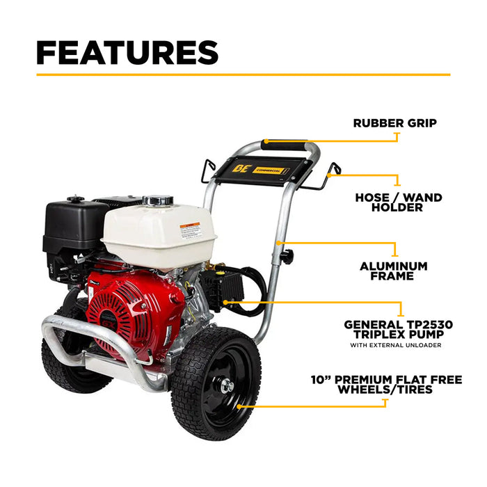 Be Power Equipment 3,100 PSI 3.1GPM Cold Water Gas Pressure Washer Honda GX200 and General Triplex Pump on Aluminum Frame - B3165HAGS