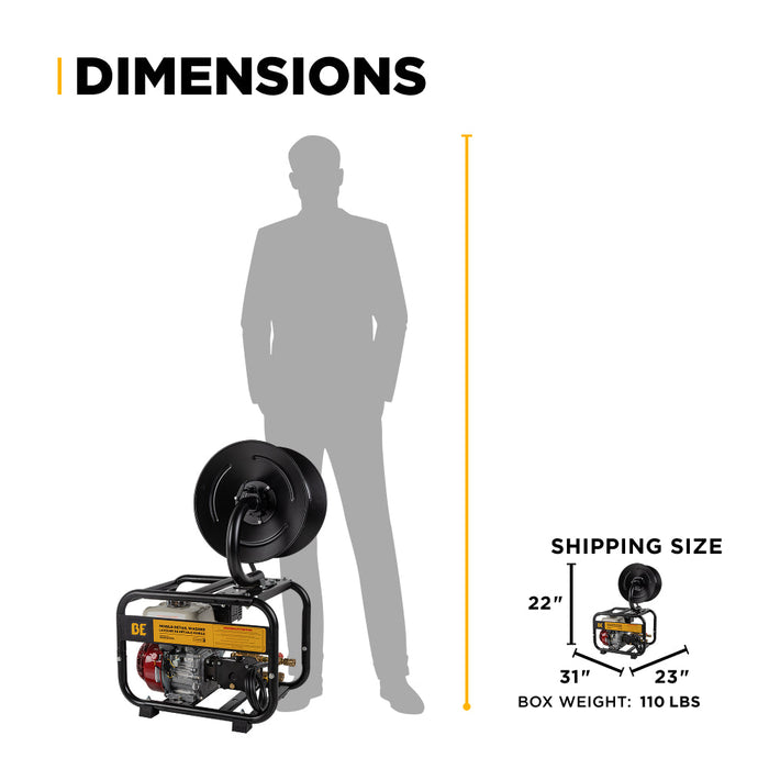 Be Power Equipment 3,100 PSI 3.1 GPM Cold Water Gas Pressure Washer with Honda GX200 Engine and CP Triplex Pump on Roll Cage Frame with Hose Reel - B3165HRAS