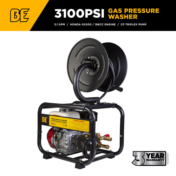 Be Power Equipment 3,100 PSI 3.1 GPM Cold Water Gas Pressure Washer with Honda GX200 Engine and CP Triplex Pump on Roll Cage Frame with Hose Reel - B3165HRAS