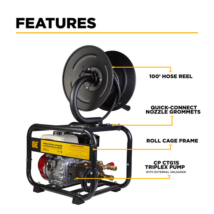 Be Power Equipment 3,100 PSI 3.1 GPM Cold Water Gas Pressure Washer with Honda GX200 Engine and CP Triplex Pump on Roll Cage Frame with Hose Reel - B3165HRAS