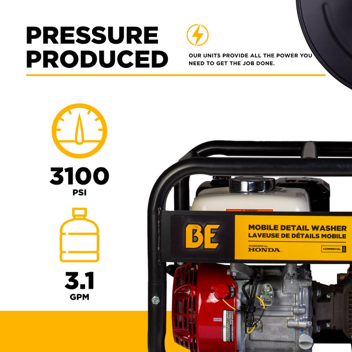 Be Power Equipment 3,100 PSI 3.1 GPM Cold Water Gas Pressure Washer with Honda GX200 Engine and CP Triplex Pump on Roll Cage Frame with Hose Reel - B3165HRAS