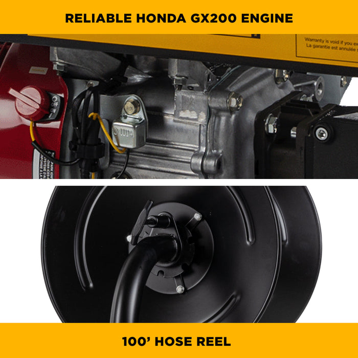 Be Power Equipment 3,100 PSI 3.1 GPM Cold Water Gas Pressure Washer with Honda GX200 Engine and CP Triplex Pump on Roll Cage Frame with Hose Reel - B3165HRAS