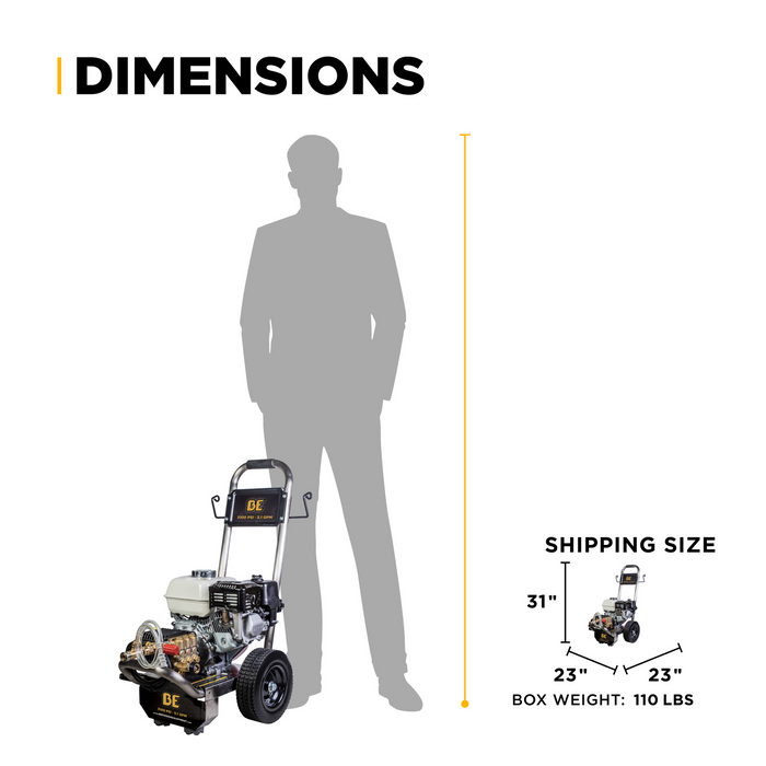 Be Power Equipment 3,100 PSI 3.1 GPM Cold Water Gas Pressure Washer with Honda GX200 Engine and General Triplex Pump on Stainless Steel Frame - B3165HSGS