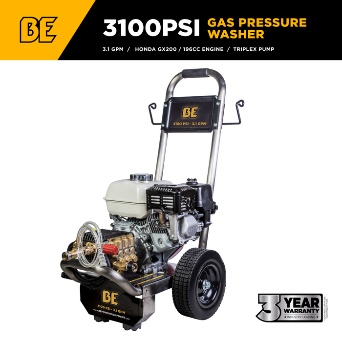 Be Power Equipment 3,100 PSI 3.1 GPM Cold Water Gas Pressure Washer with Honda GX200 Engine and General Triplex Pump on Stainless Steel Frame - B3165HSGS