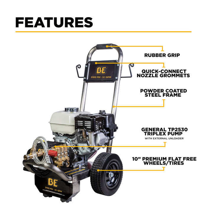Be Power Equipment 3,100 PSI 3.1 GPM Cold Water Gas Pressure Washer with Honda GX200 Engine and General Triplex Pump on Stainless Steel Frame - B3165HSGS