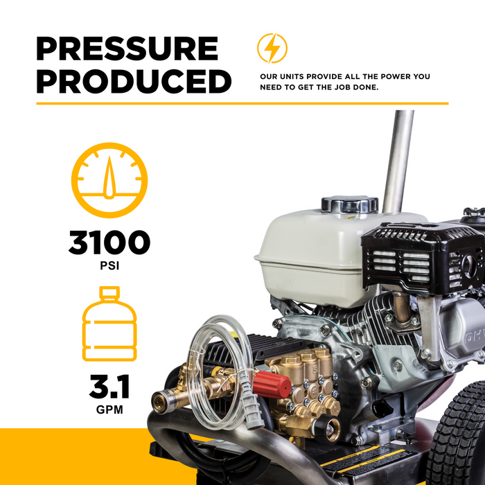 Be Power Equipment 3,100 PSI 3.1 GPM Cold Water Gas Pressure Washer with Honda GX200 Engine and General Triplex Pump on Stainless Steel Frame - B3165HSGS