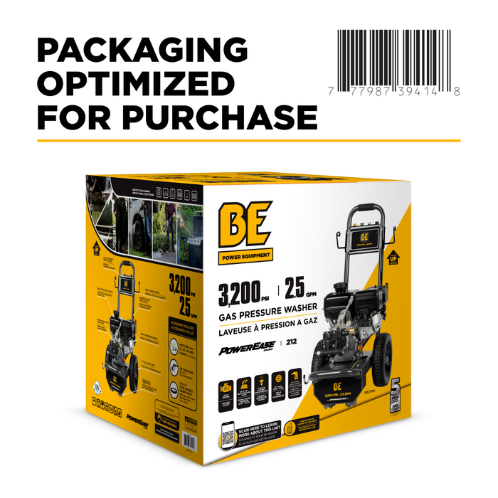 Be Power Equipment 3,200 PSI 2.5 GPM Cold Water Gas Pressure Washer Powerease 212CC Engine and CP Axial Pump - B327PX