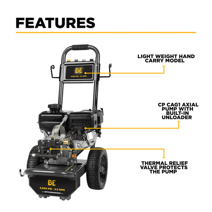 Be Power Equipment 3,200 PSI 2.5 GPM Cold Water Gas Pressure Washer Powerease 212CC Engine and CP Axial Pump - B327PX