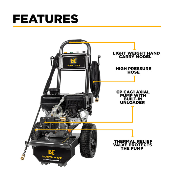 Be Power Equipment 3,400PSI 2.5GPM Cold Water Gas Pressure Washer Powerease 223cc Engine and CP Axial Pump B3475PX