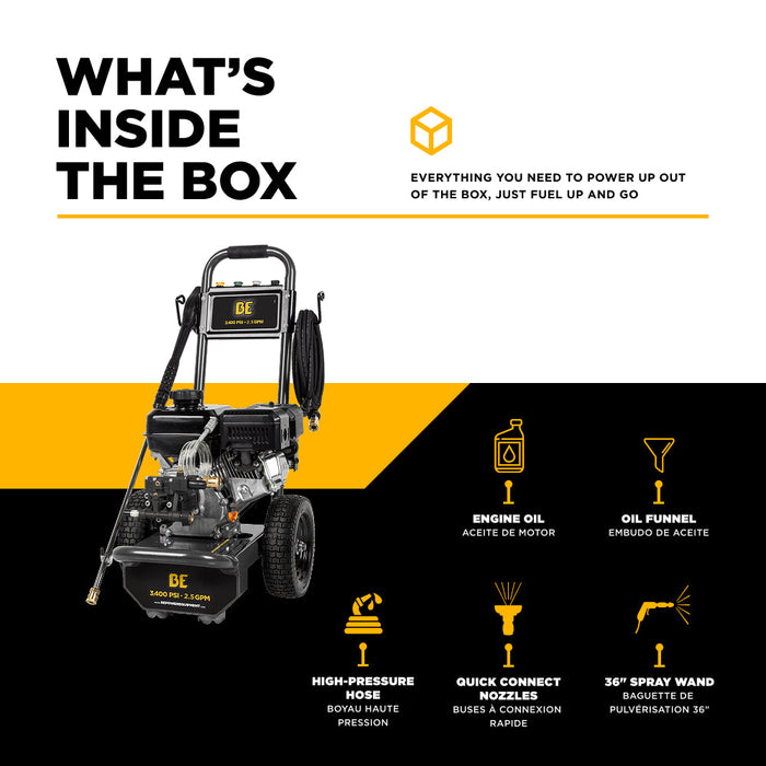 Be Power Equipment 3,400PSI 2.5GPM Cold Water Gas Pressure Washer Powerease 223cc Engine and CP Axial Pump B3475PX