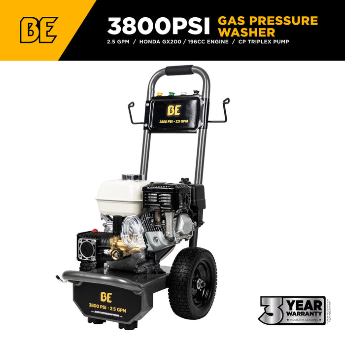 3,800 PSI 2.5 GPM Be Power Equipment Cold Water Gas Pressure Washer with Honda GX200 Engine and CP Triplex Pump - B3865HA