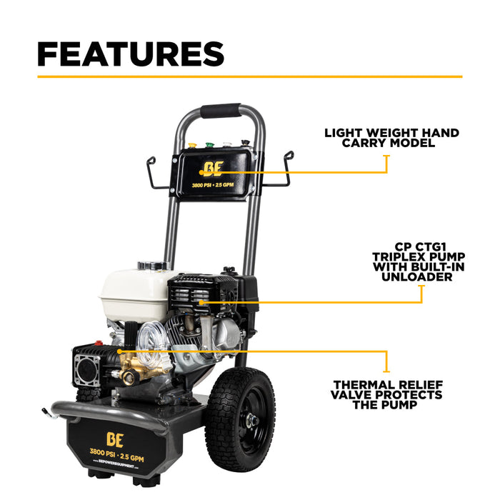 3,800 PSI 2.5 GPM Be Power Equipment Cold Water Gas Pressure Washer with Honda GX200 Engine and CP Triplex Pump - B3865HA