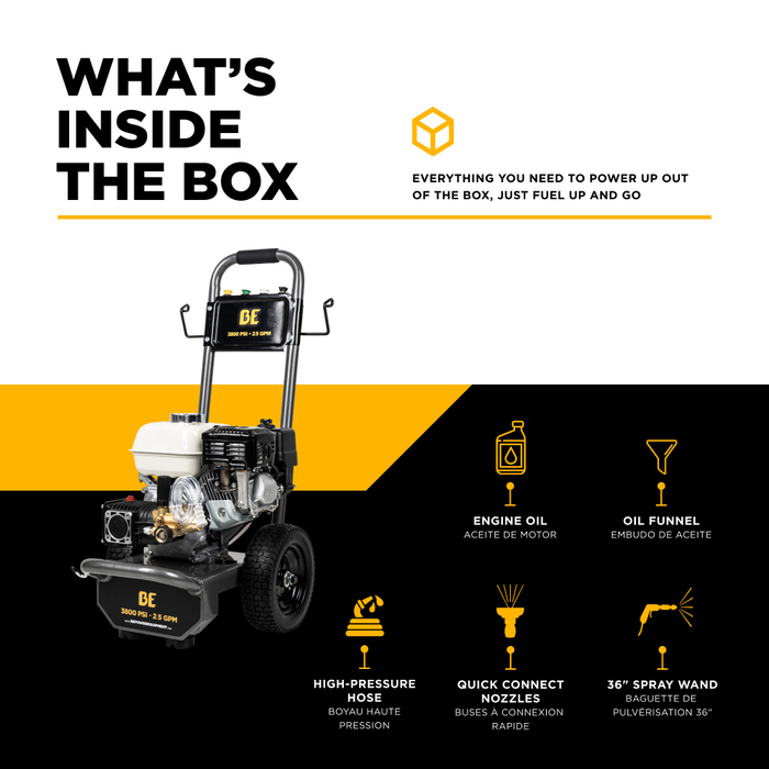 3,800 PSI 2.5 GPM Be Power Equipment Cold Water Gas Pressure Washer with Honda GX200 Engine and CP Triplex Pump - B3865HA
