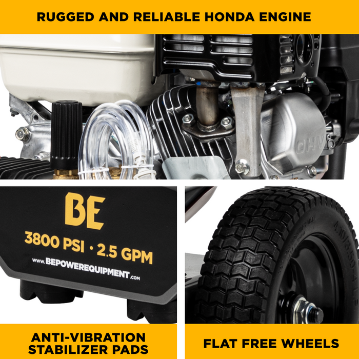 3,800 PSI 2.5 GPM Be Power Equipment Cold Water Gas Pressure Washer with Honda GX200 Engine and CP Triplex Pump - B3865HA