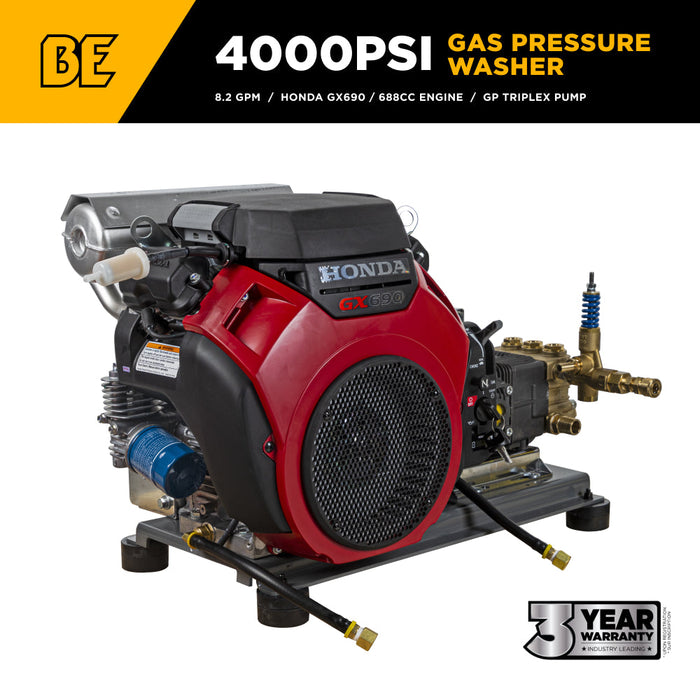 Be Power Equipment 4,000 PSI 8.2 GPM Truck Mount Cold Water Gas Pressure Washer with Honda GX690 Electric Start Engine and General Belt Drive Triplex Pump - B4024HETBGS