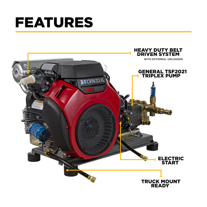 Be Power Equipment 4,000 PSI 8.2 GPM Truck Mount Cold Water Gas Pressure Washer with Honda GX690 Electric Start Engine and General Belt Drive Triplex Pump - B4024HETBGS