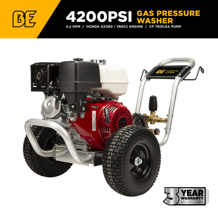 Be Power Equipment 4,200 PSI 4.2 GPM Cold Water Gas Pressure Washer with Honda GX390 Engine and CP Belt Drive Triplex Pump on Aluminum Frame B4213HABAS