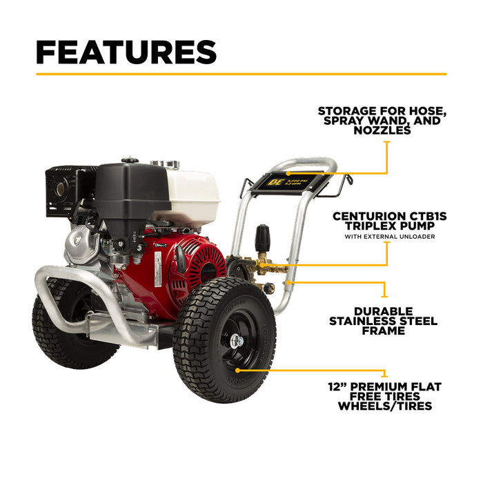 Be Power Equipment 4,200 PSI 4.2 GPM Cold Water Gas Pressure Washer with Honda GX390 Engine and CP Belt Drive Triplex Pump on Aluminum Frame B4213HABAS