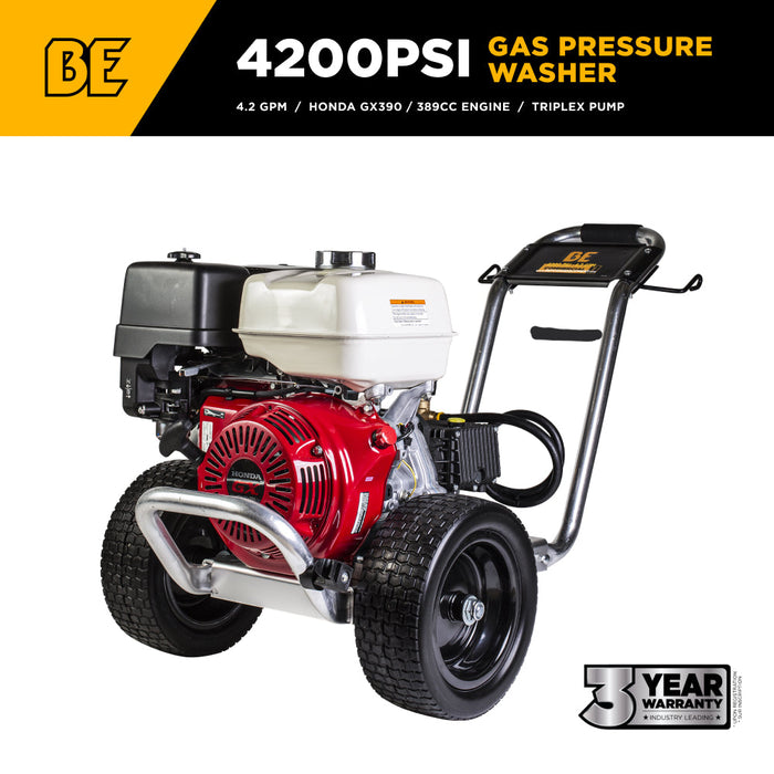 Be Power Equipment 4,200 PSI 4.2 GPM Cold Water Gas Pressure Washer Honda GX390 Engine and General Triplex Pump on Aluminum Frame - B4213HAGS