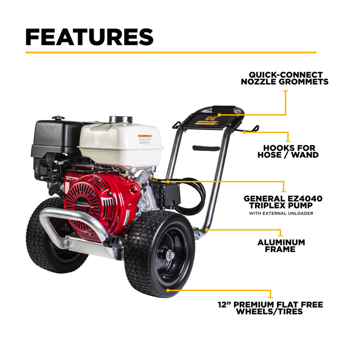 Be Power Equipment 4,200 PSI 4.2 GPM Cold Water Gas Pressure Washer Honda GX390 Engine and General Triplex Pump on Aluminum Frame - B4213HAGS