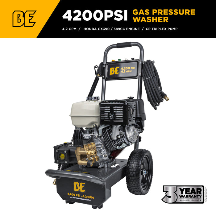 Be Power Equipment 4,200 PSI 4.2 GPM Cold Water Gas Pressure Washer with Honda GX390 Engine and CP Triplex Pump - B4213HA