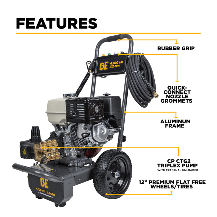 Be Power Equipment 4,200 PSI 4.2 GPM Cold Water Gas Pressure Washer with Honda GX390 Engine and CP Triplex Pump - B4213HA