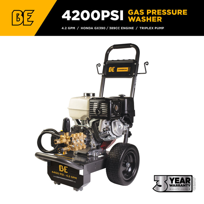 Be Power Equipment 4,200 PSI 4.2 GPM Cold Water Gas Pressure Washer Honda GX390 Engine and General Triplex External Unloader Pump - B4213HGS