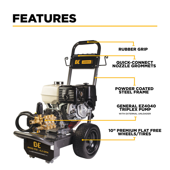 Be Power Equipment 4,200 PSI 4.2 GPM Cold Water Gas Pressure Washer Honda GX390 Engine and General Triplex External Unloader Pump - B4213HGS