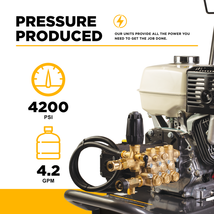 Be Power Equipment 4,200 PSI 4.2 GPM Cold Water Gas Pressure Washer Honda GX390 Engine and General Triplex External Unloader Pump - B4213HGS
