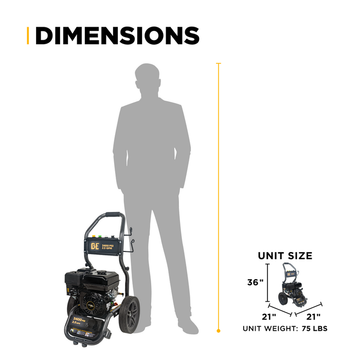 Be Power Equipment 3,400PSI 2.5GPM Cold Water Gas Pressure Washer Powerease 223cc Engine and CP Axial Pump - BE3475PX