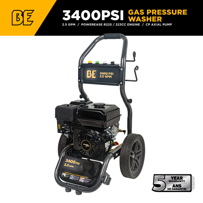 Be Power Equipment 3,400PSI 2.5GPM Cold Water Gas Pressure Washer Powerease 223cc Engine and CP Axial Pump - BE3475PX