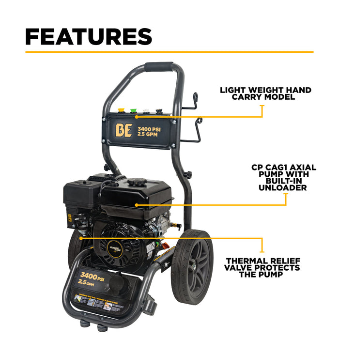 Be Power Equipment 3,400PSI 2.5GPM Cold Water Gas Pressure Washer Powerease 223cc Engine and CP Axial Pump - BE3475PX