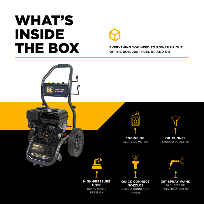 Be Power Equipment 3,400PSI 2.5GPM Cold Water Gas Pressure Washer Powerease 223cc Engine and CP Axial Pump - BE3475PX