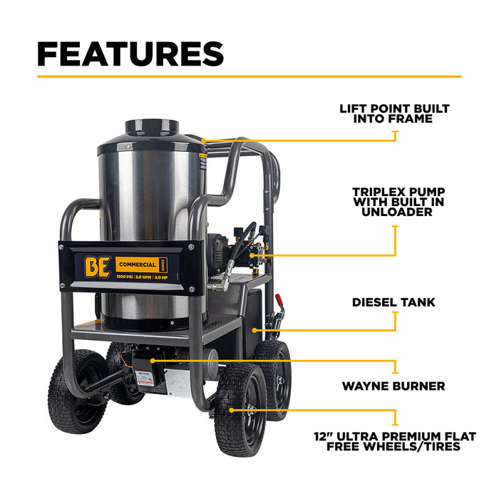 Be Power Equipment 1,500 PSI 2.0 GPM Hot Water Pressure Washer with TechTop Motor and CP Triplex Pump - HW152EA