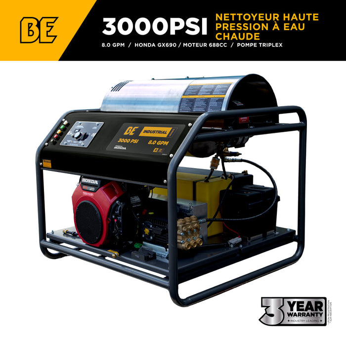 Be Power Equipment 3,000 PSI 8.0GPM Hot Water Pressure Washer with Honda GX690 Engine and General Triplex Pump - HW3024HG12V