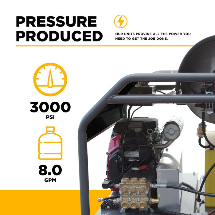 Be Power Equipment 3,000 PSI 8.0GPM Hot Water Pressure Washer with Honda GX690 Engine and General Triplex Pump - HW3024HG12V