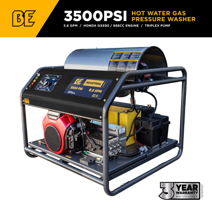 Be Power Equipment 3,500 PSI 5.6GPM Hot Water Pressure Washer Honda GX690 Engine and General Triplex Pump - HW3524HG12V